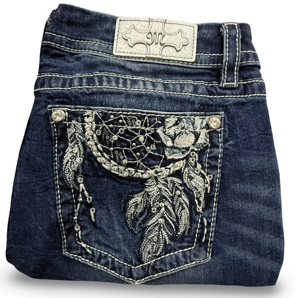 Miss Me Jeans Womens 34 Blue Mid Rise Easy Boot Boho Embroidered Dreamcatcher - Picture 1 of 13